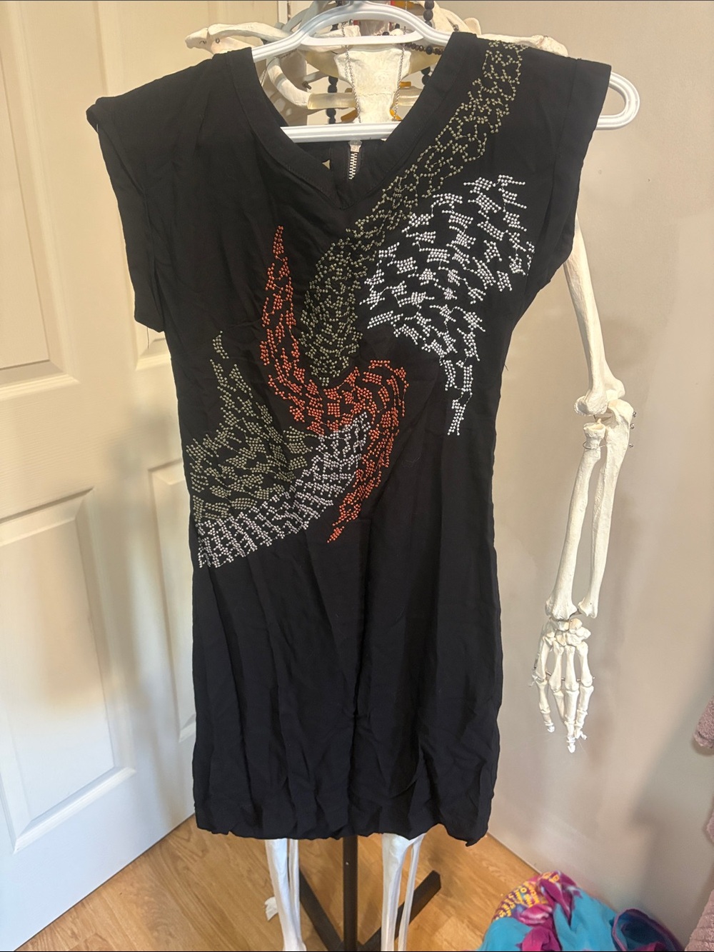 Dex Black Backless Dress with Red, Green and White Beaded Swirl